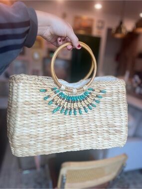 Source Unknown Natural Straw Tote with Turquoise Beads and Wooden Handles